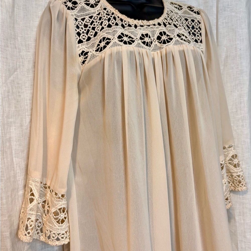 Cream Chiffon Crochet Lace Detail Dress Boho Cottage Festival